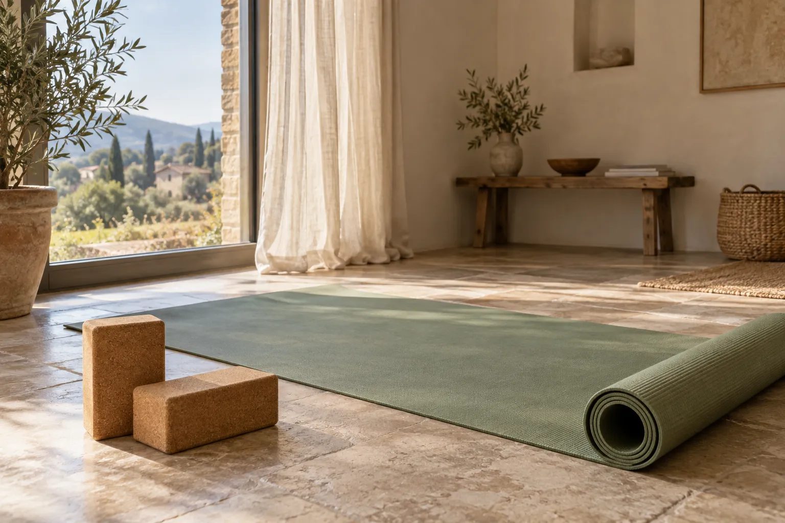 Tappetino yoga verde arrotolato e due mattoni su pavimento vicino a finestra luminosa