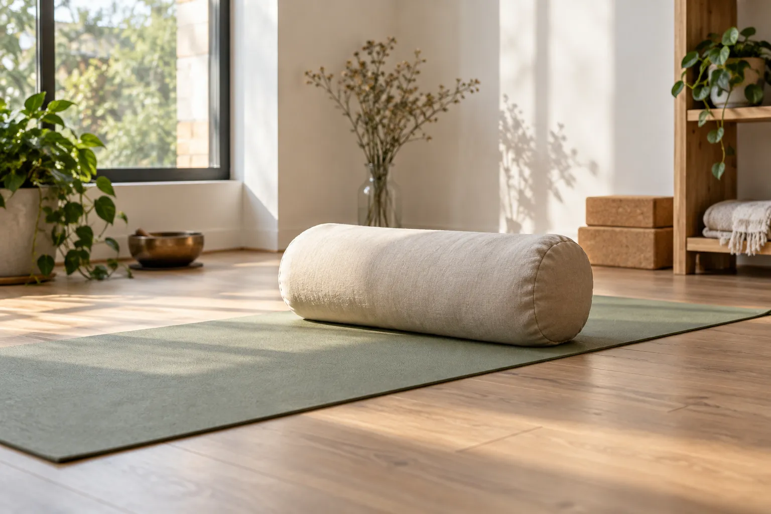 Cuscino da yoga cilindrico su tappetino verde in stanza luminosa e minimalista